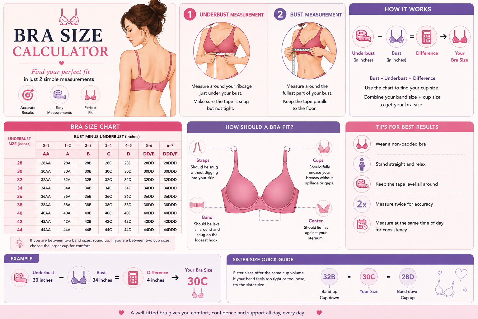 Bra size guide: measure your underbust snugly under the bust and your bust at the fullest point, then use bust minus underbust to find your cup. Includes a size chart from 28 to 44 bands, how a bra should fit, fitting tips, a worked example of a 30 underbust and 34 bust giving 30C, and a sister-size quick guide showing 32B equals 30C equals 28D.
